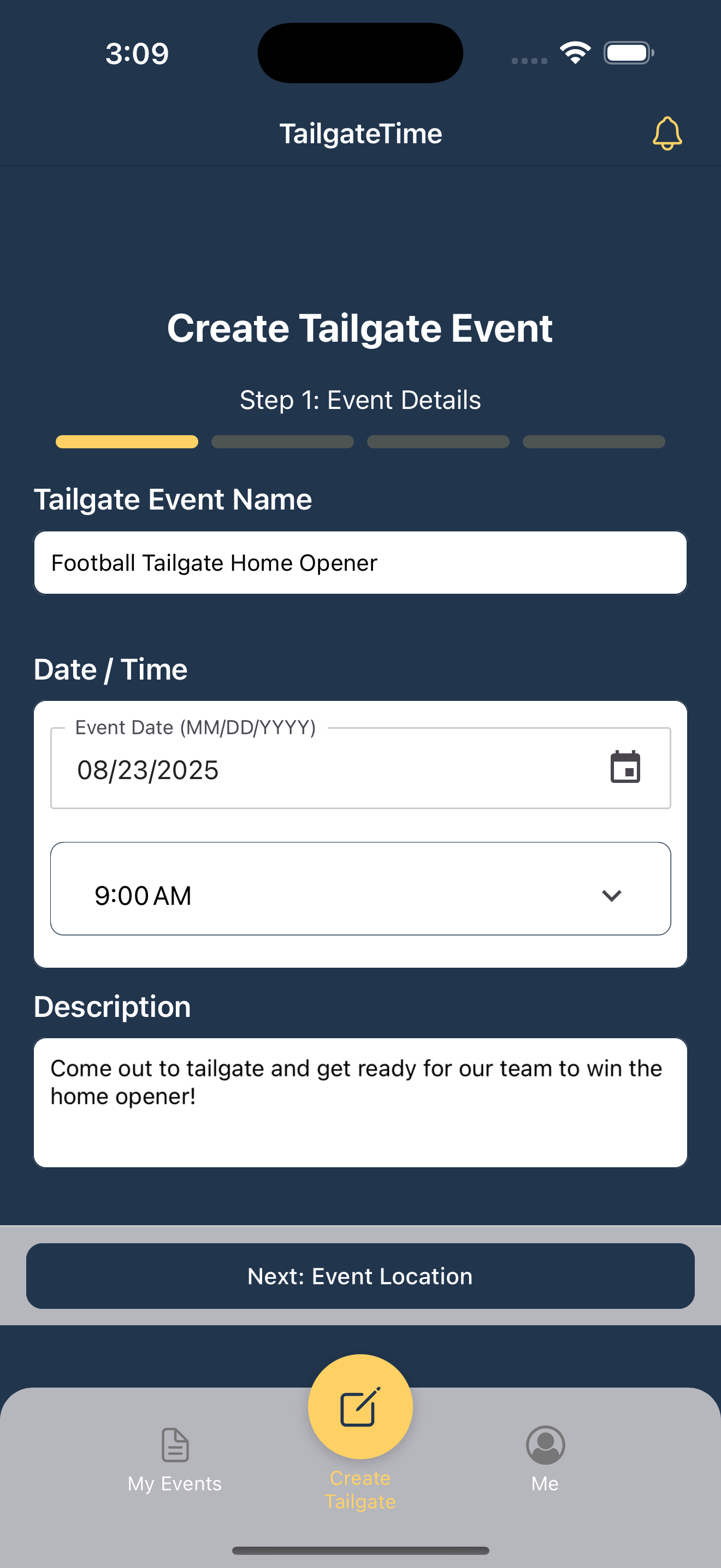 Create Event Details Screen