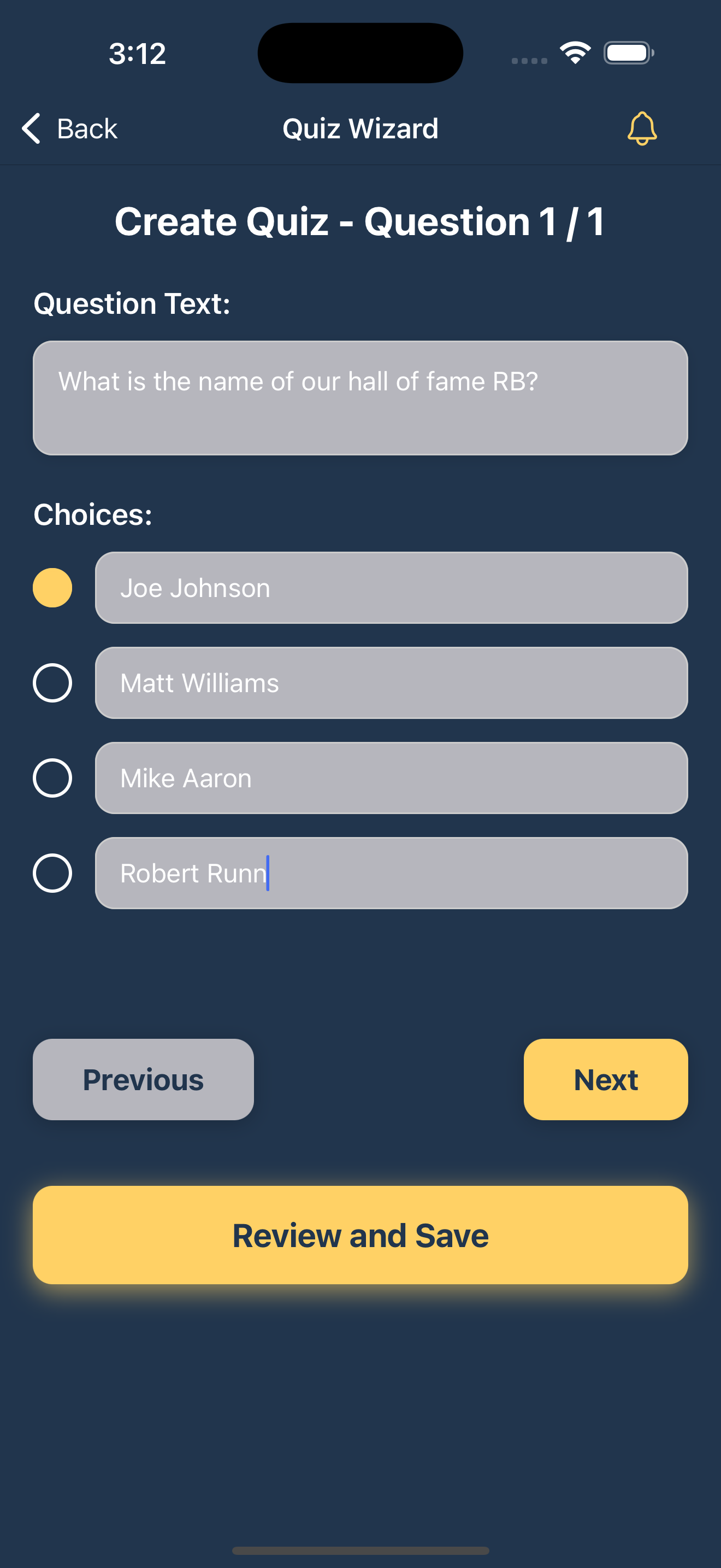 Quiz Setup Screen
